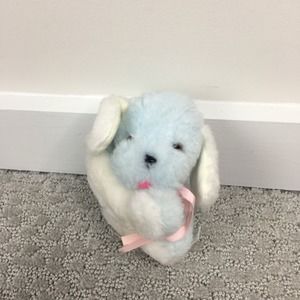 Sitting Puppy Dog Soft Stuffed Animal Plush Toy with Pink Ribbon Blue White